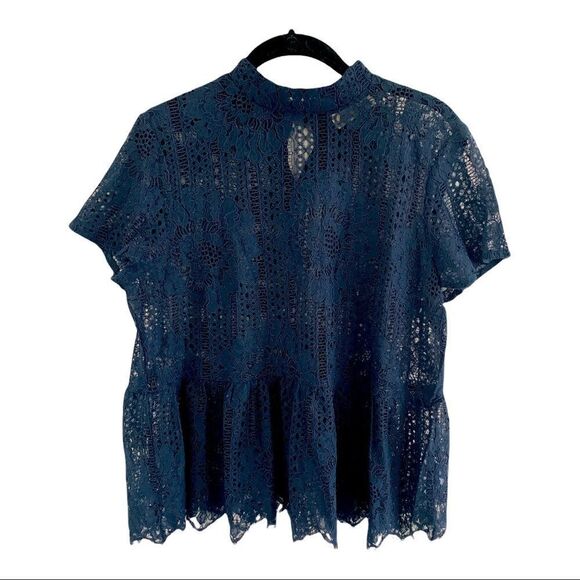 Navy Lacy Peplum Top by Everleigh M - Picture 1 of 5